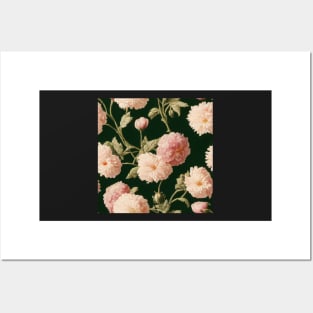 Pretty Pink Peony Flower Pattern on Dark Background Posters and Art